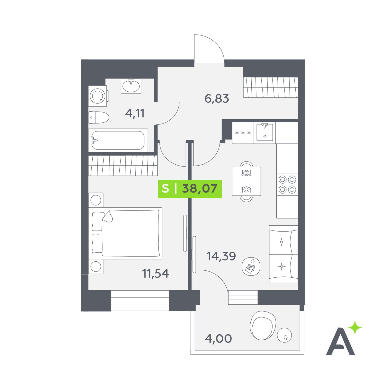 Планировка: 2-комнатная квартира, 38,1 м²