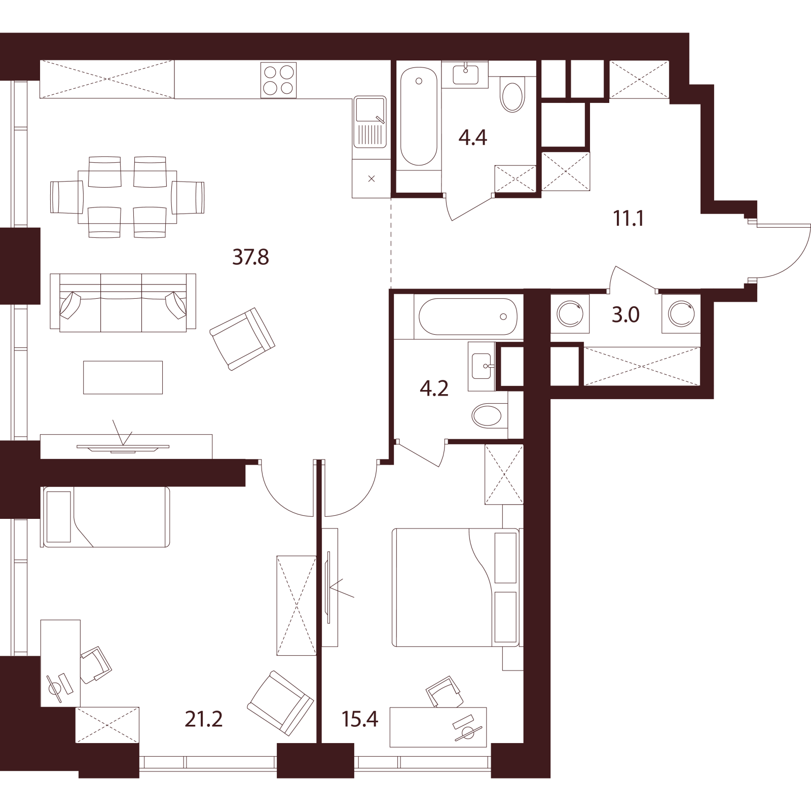 Планировка: 3-комнатная квартира, 97,1 м²