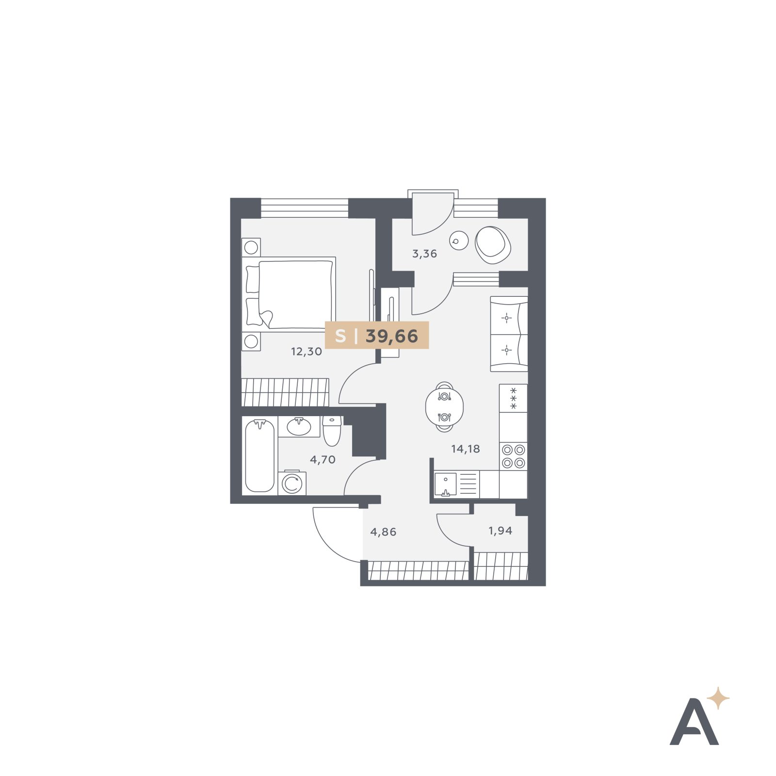 Планировка: 2-комнатная квартира, 39,7 м²