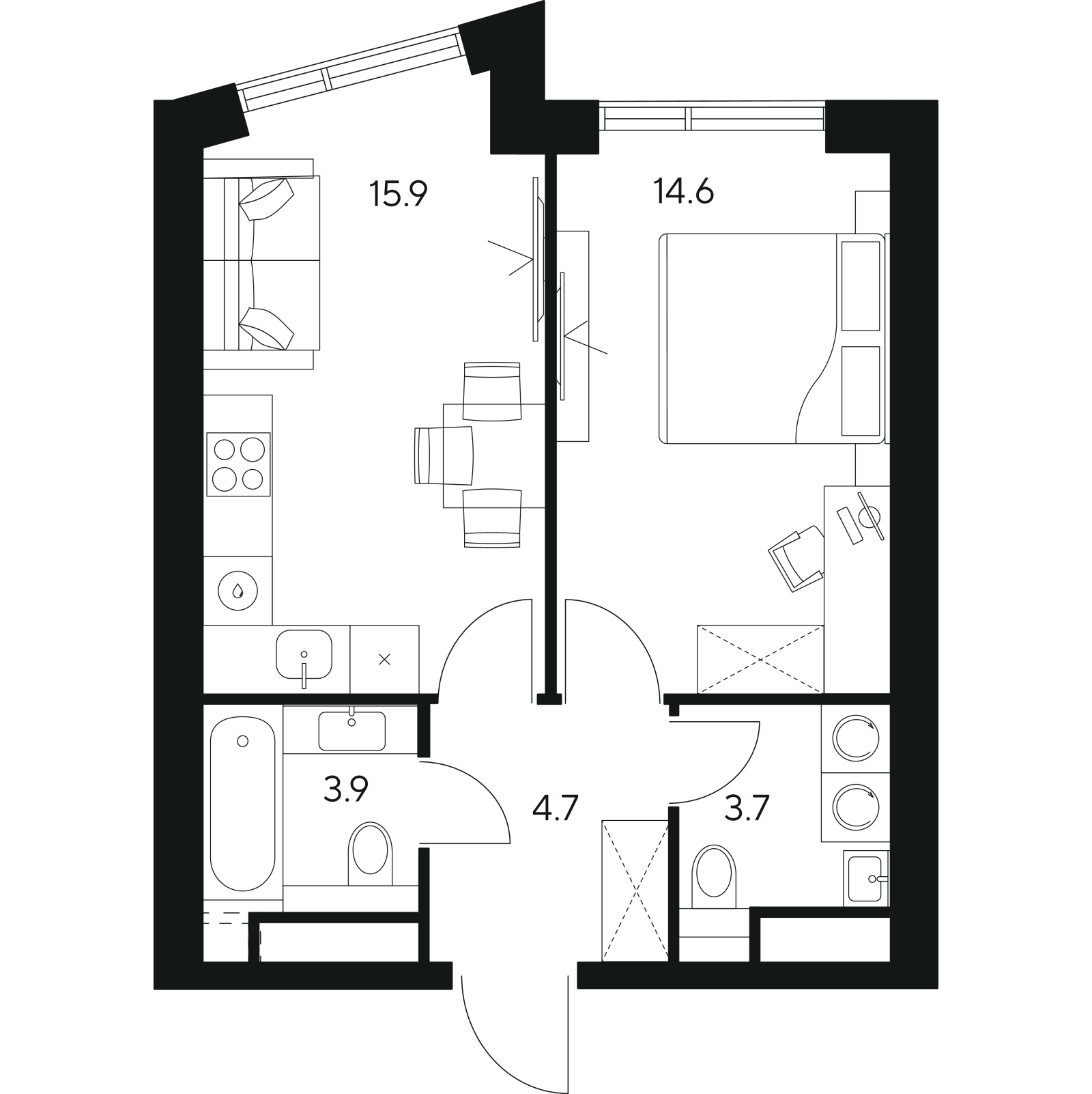 Планировка: 1-комнатная квартира, 42,8 м²