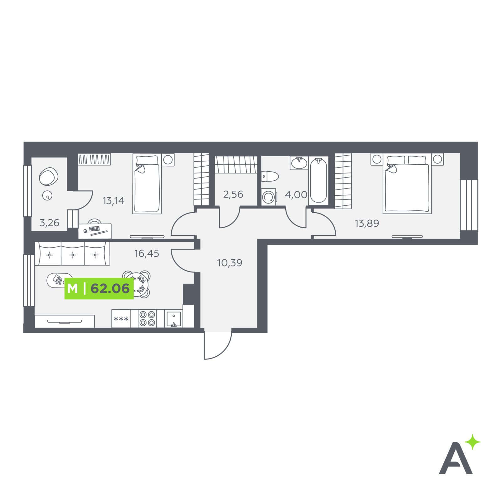 Планировка: 3-комнатная квартира, 62,1 м²