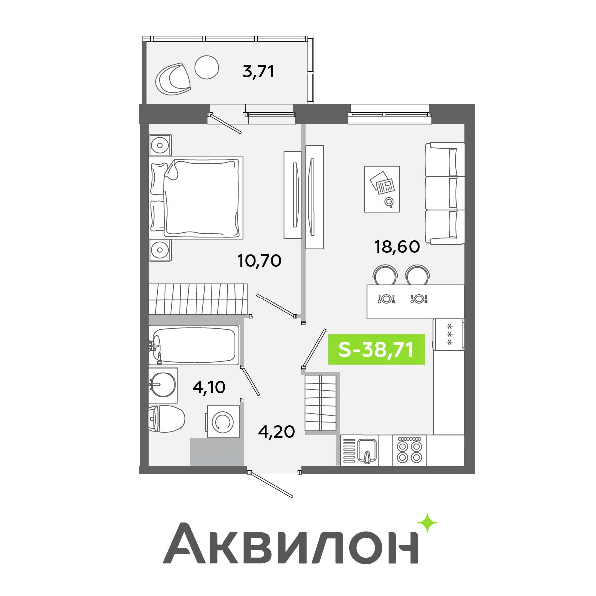 Планировка: 2-комнатная квартира, 38,7 м²