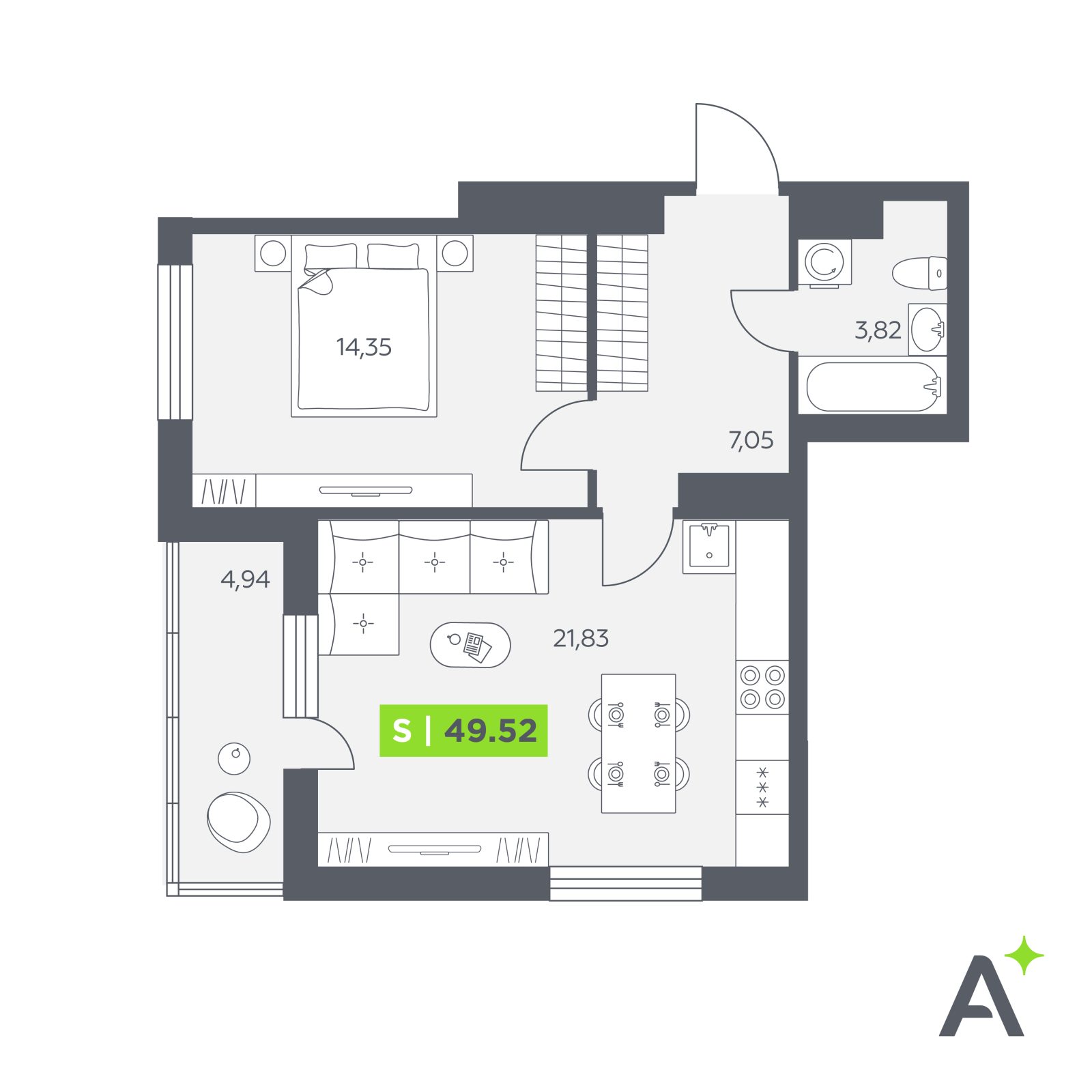 Планировка: 2-комнатная квартира, 49,5 м²