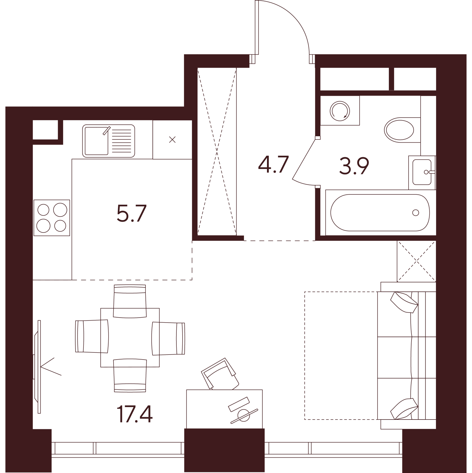 Планировка: студия, 31,7 м²