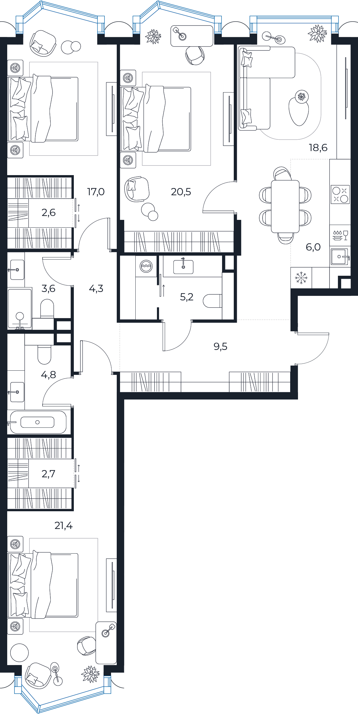 Планировка: 3-комнатная квартира, 116,2 м²