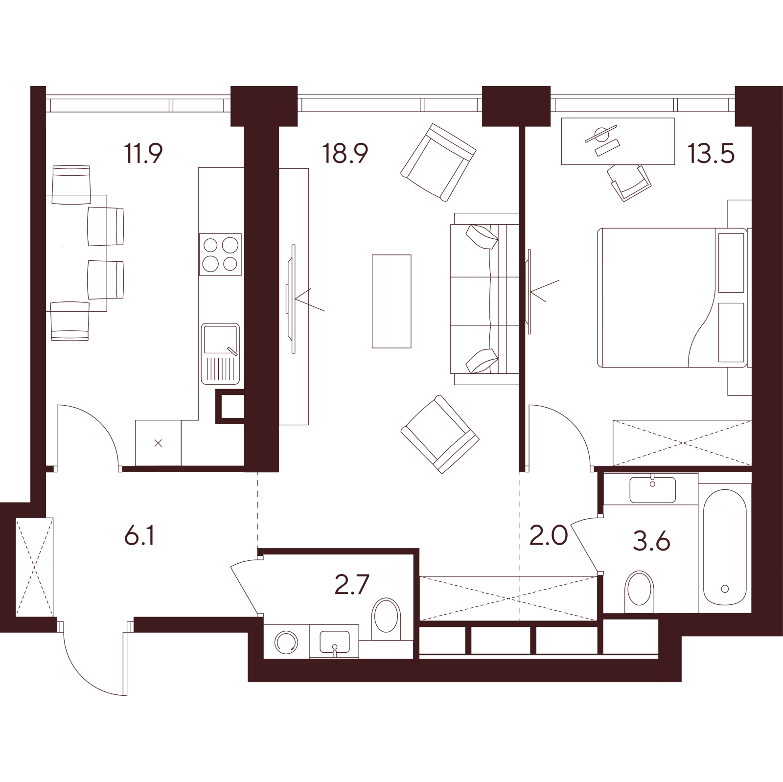 Планировка: 2-комнатная квартира, 58,7 м²