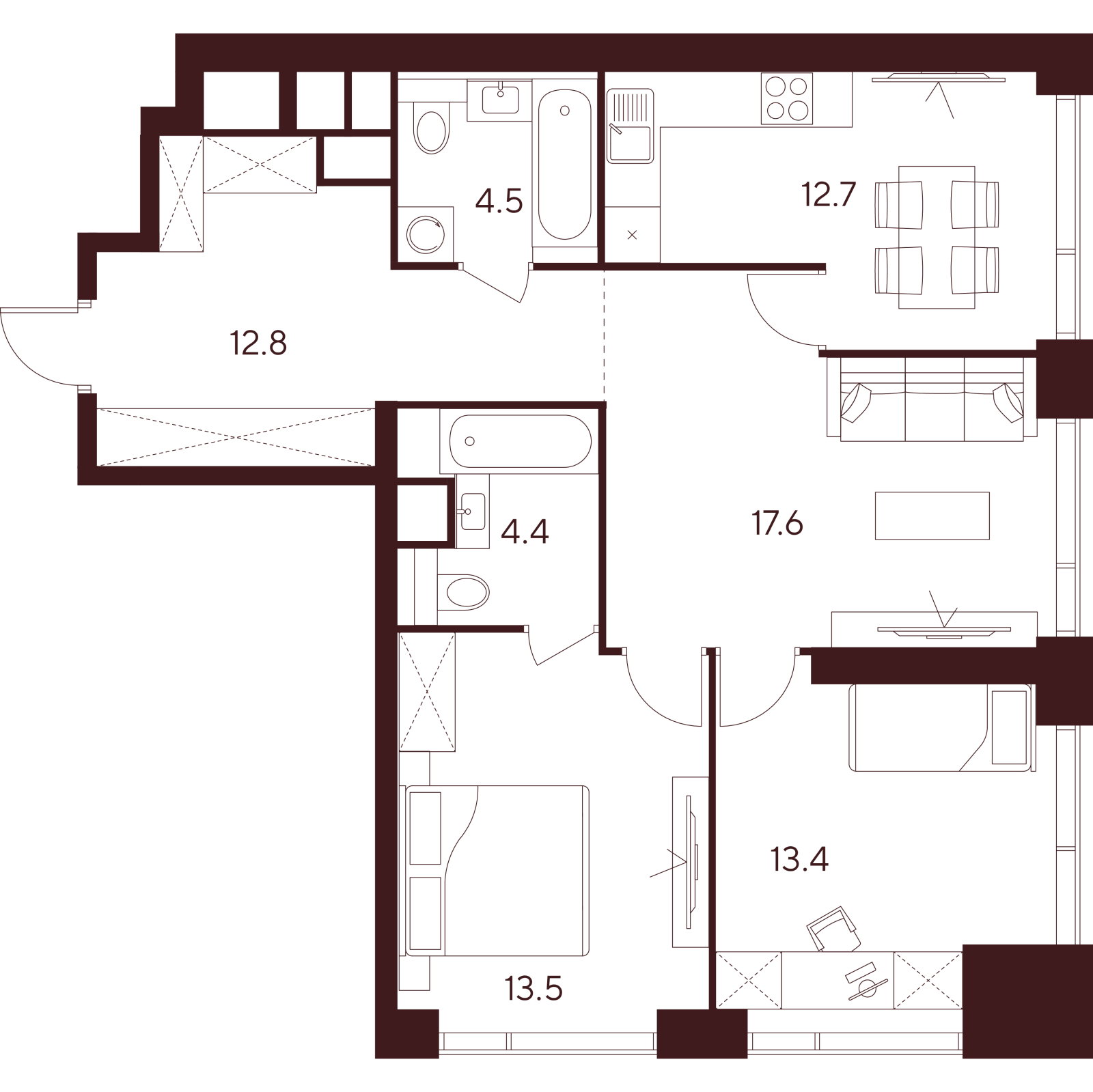 Планировка: 3-комнатная квартира, 78,9 м²
