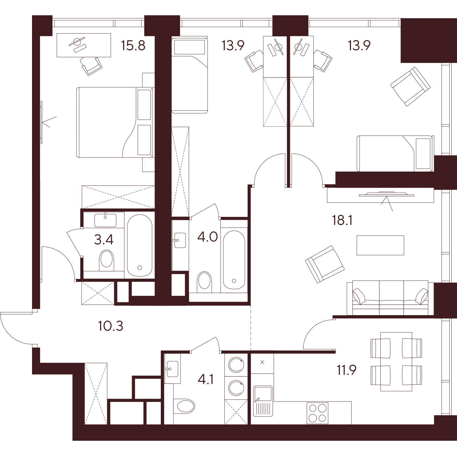 Планировка: 4-комнатная квартира, 95,4 м²