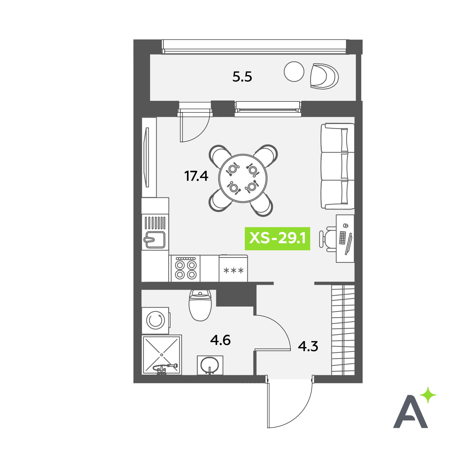 Планировка: студия, 29,1 м²