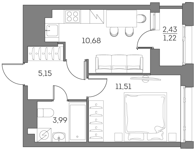 Планировка: 1-комнатная квартира, 32,6 м²