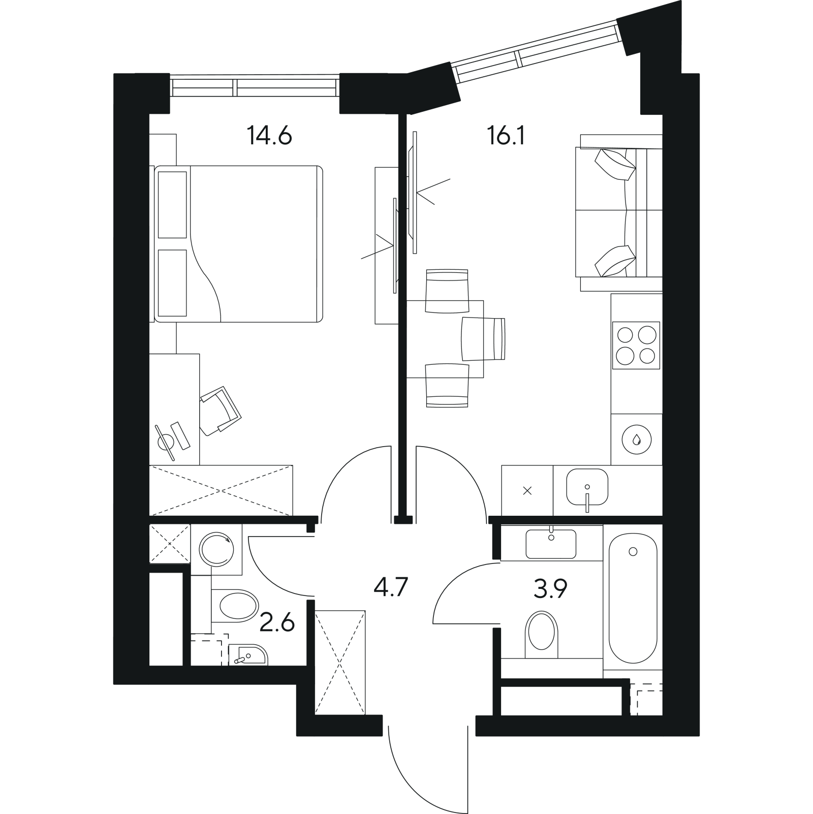 Планировка: 1-комнатная квартира, 41,9 м²
