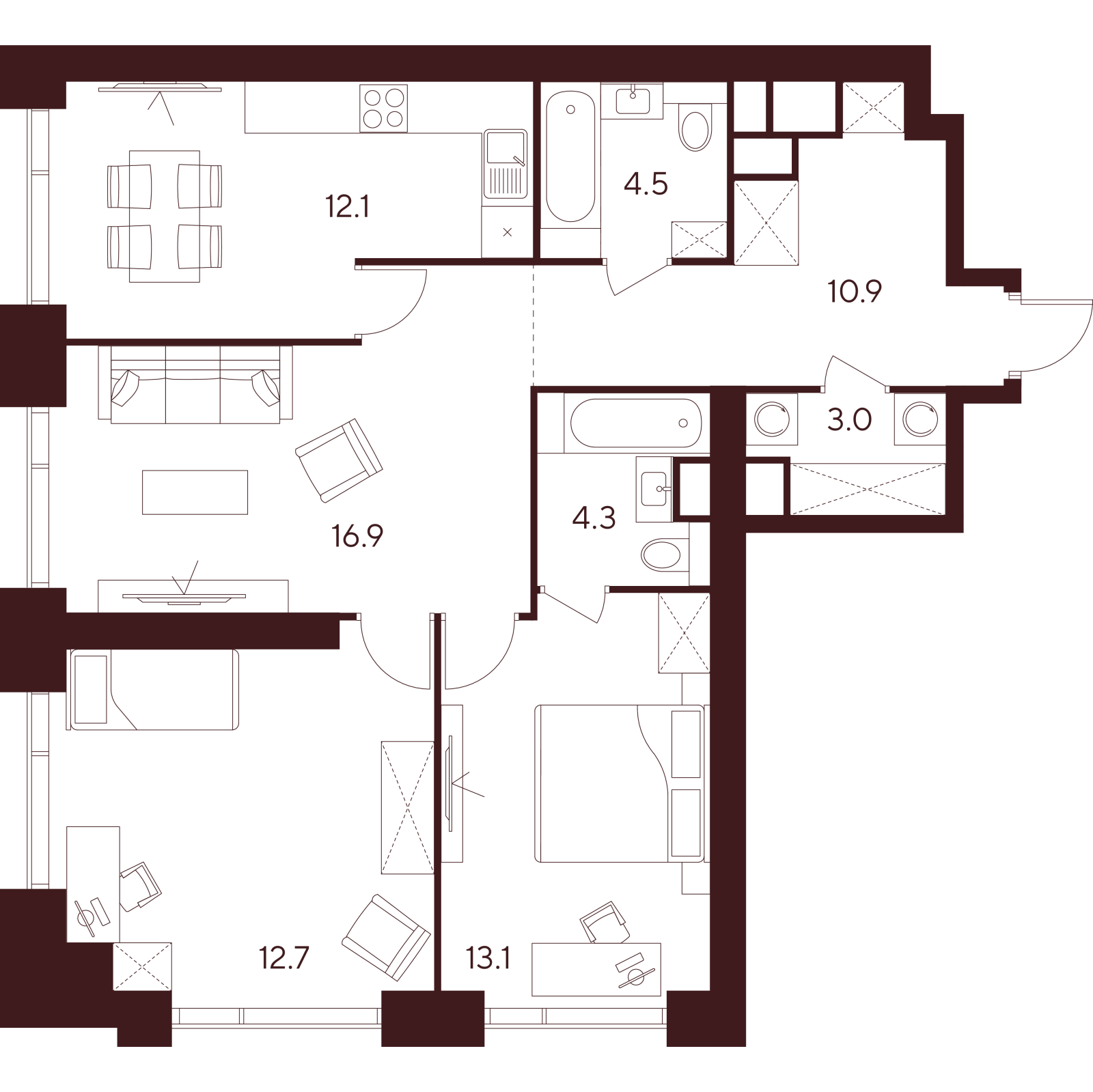 Планировка: 3-комнатная квартира, 77,5 м²