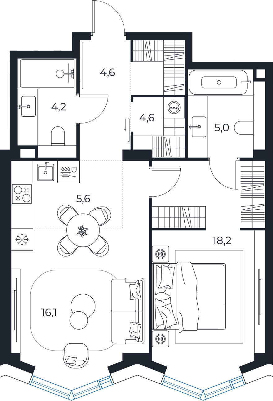 Планировка: 1-комнатная квартира, 58,3 м²