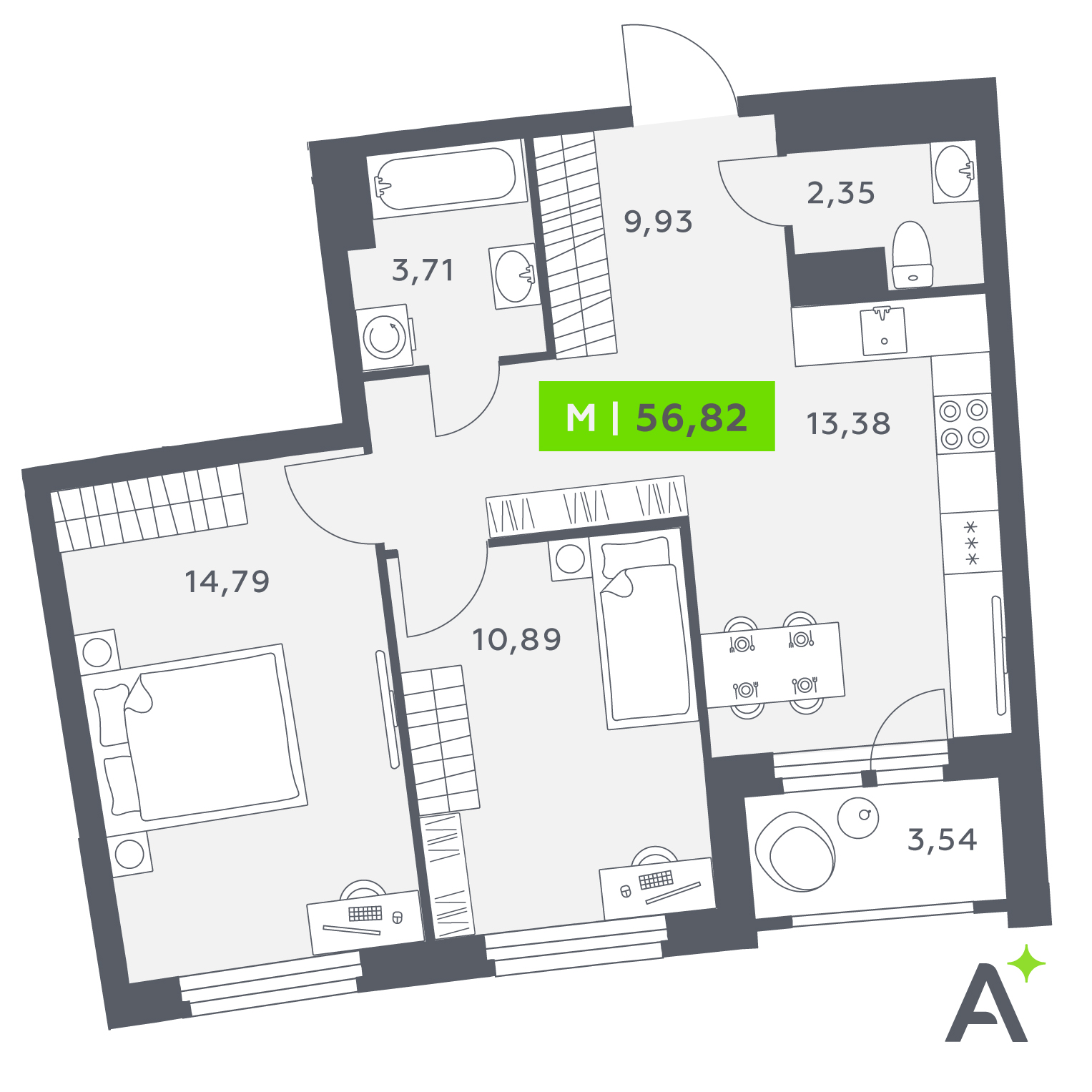 Планировка: 3-комнатная квартира, 56,8 м²