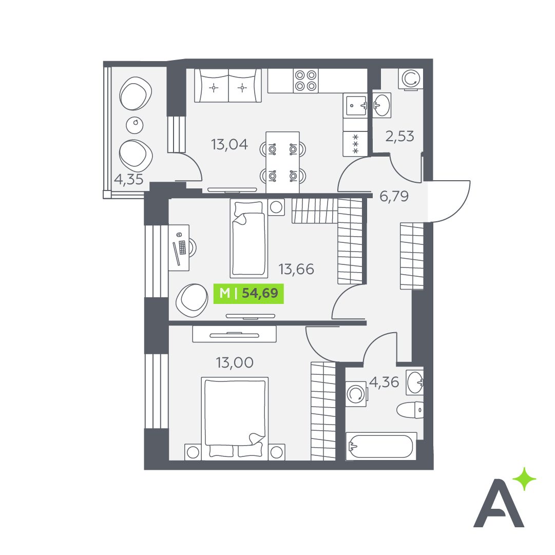 Планировка: 3-комнатная квартира, 54,7 м²