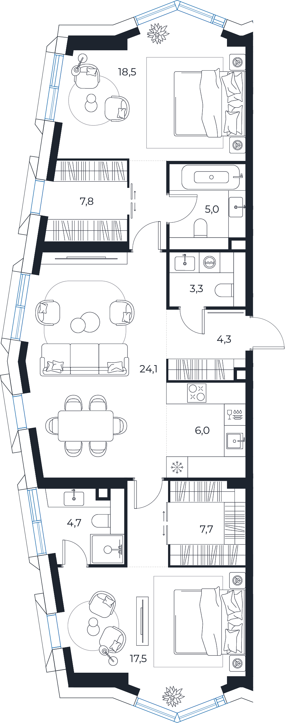 Планировка: 2-комнатная квартира, 98,9 м²