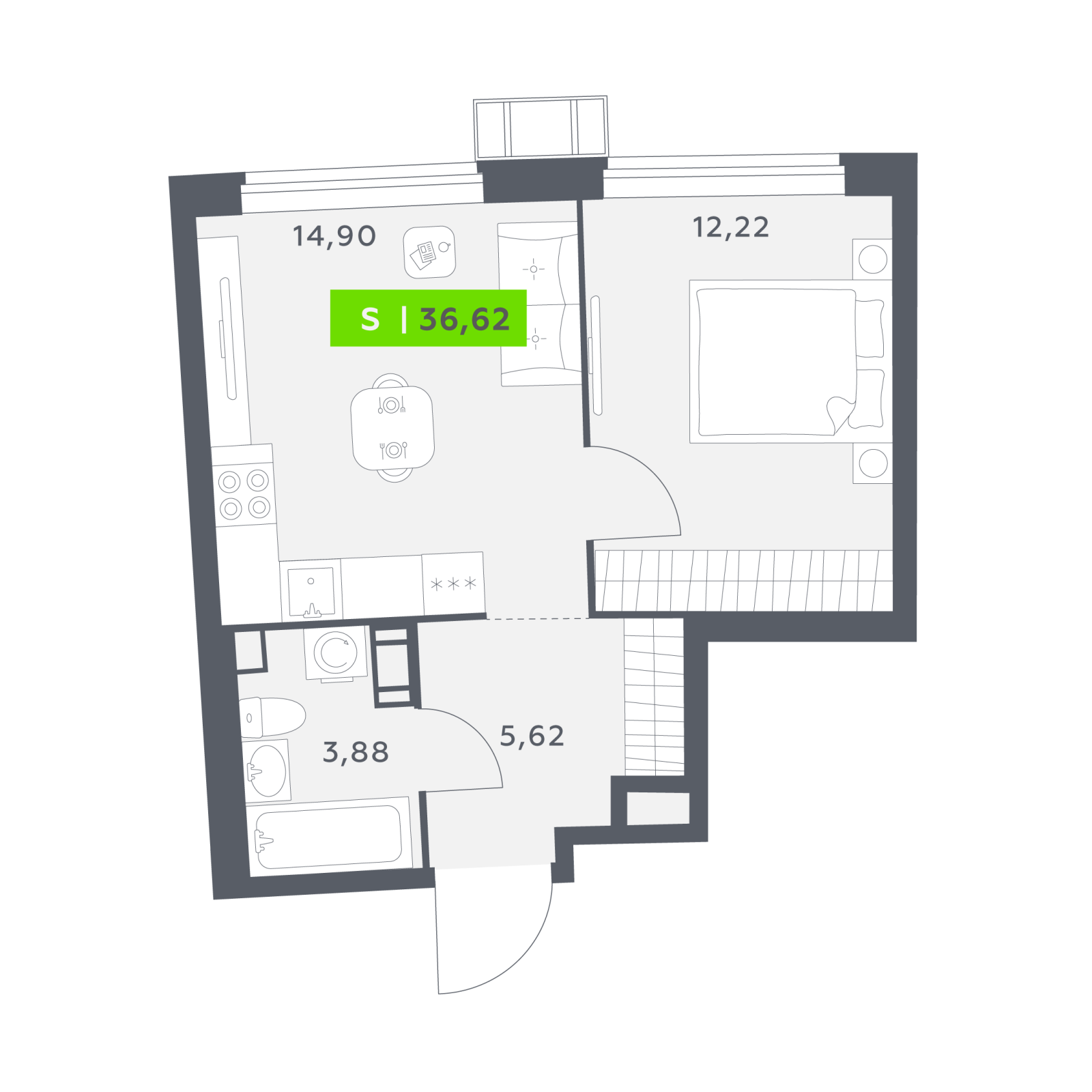 Планировка: 2-комнатная квартира, 36,6 м²