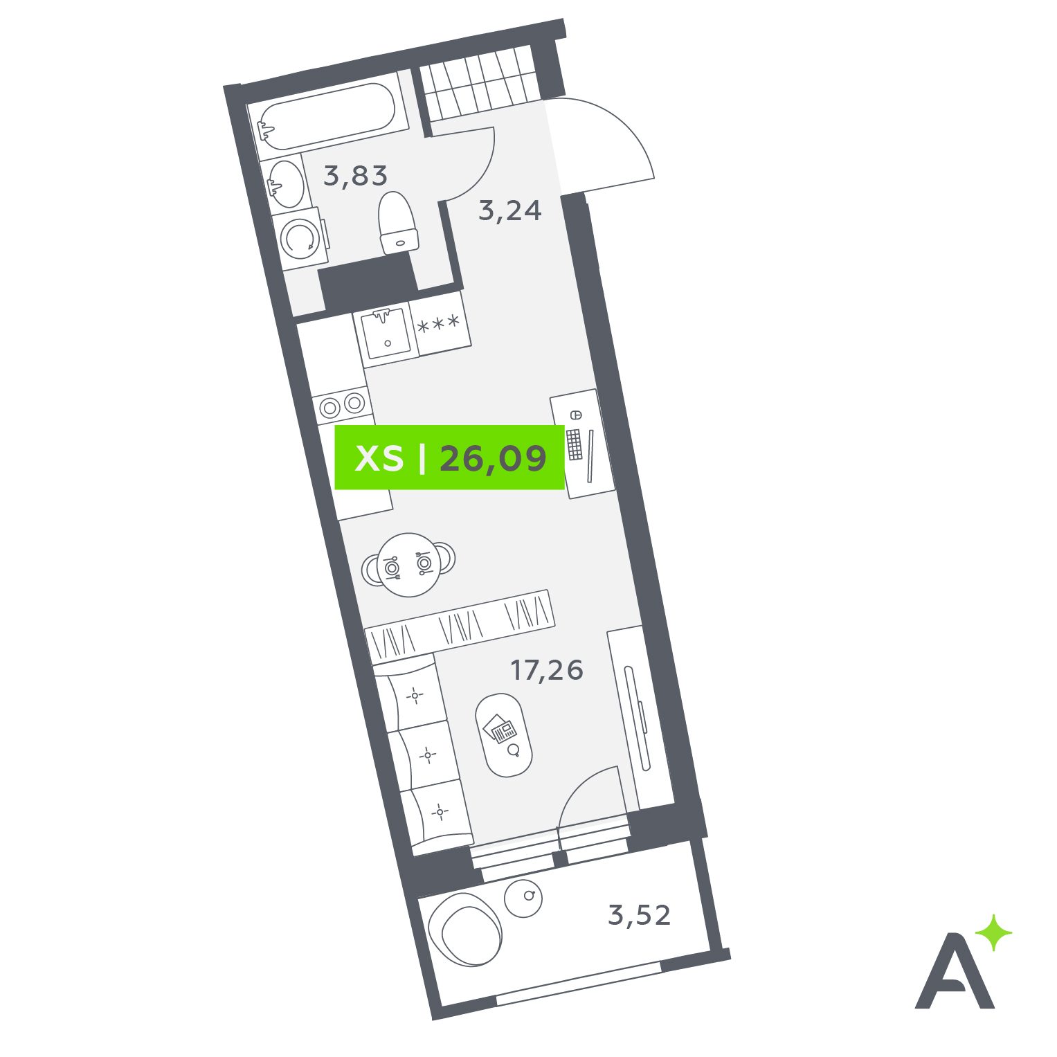 Планировка: студия, 26,1 м²
