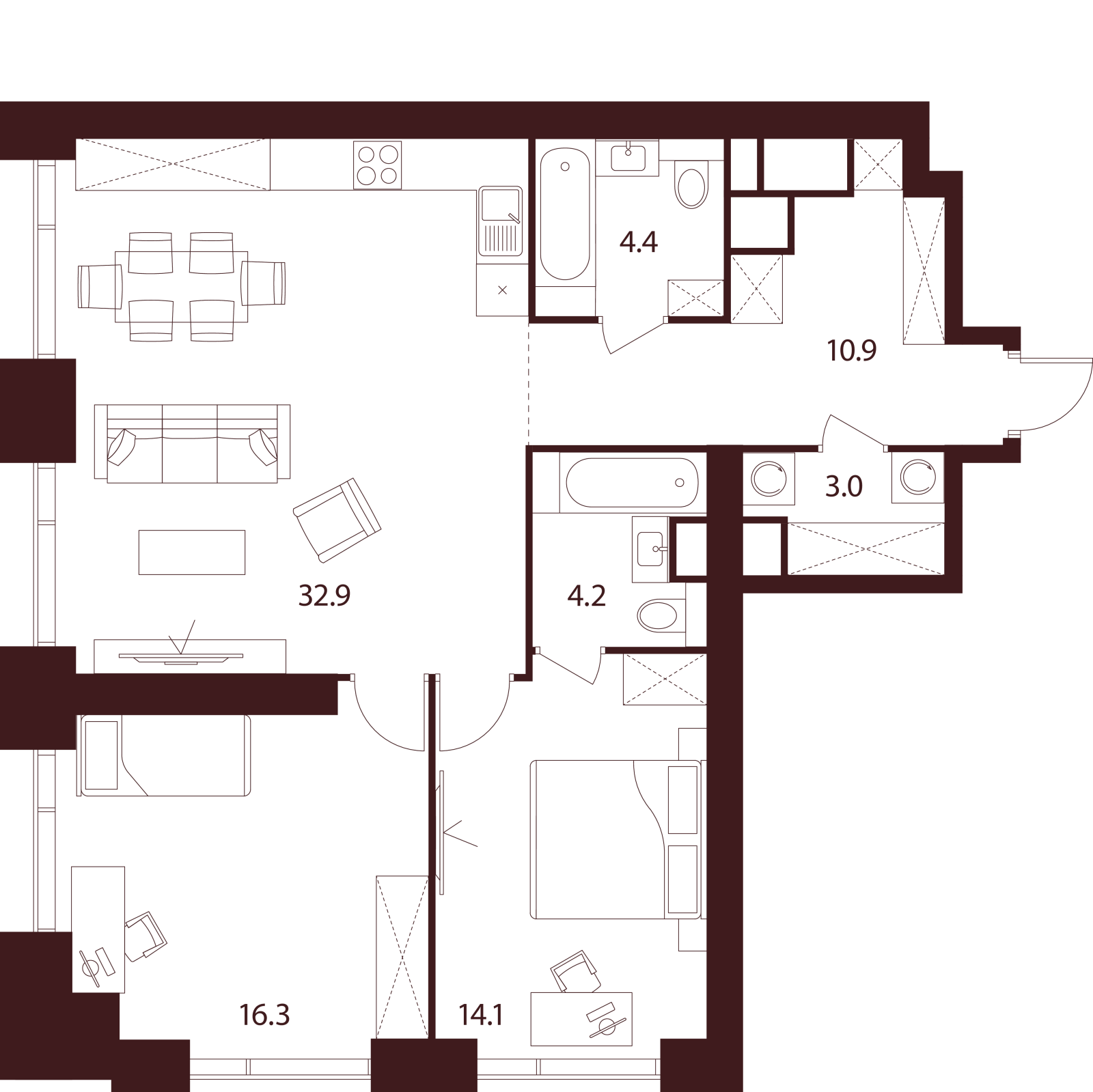 Планировка: 3-комнатная квартира, 85,8 м²