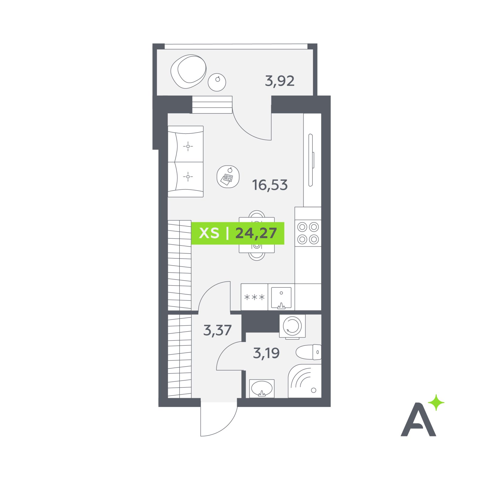 Планировка: студия, 24,3 м²