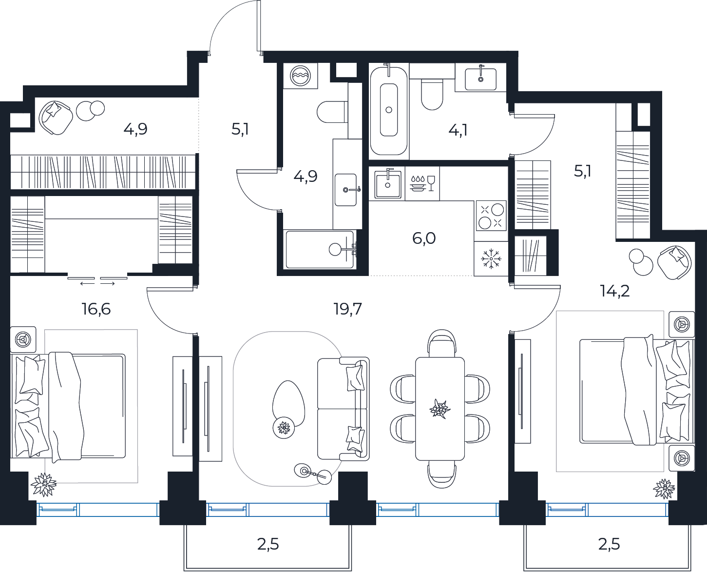 Планировка: 2-комнатная квартира, 82,2 м²