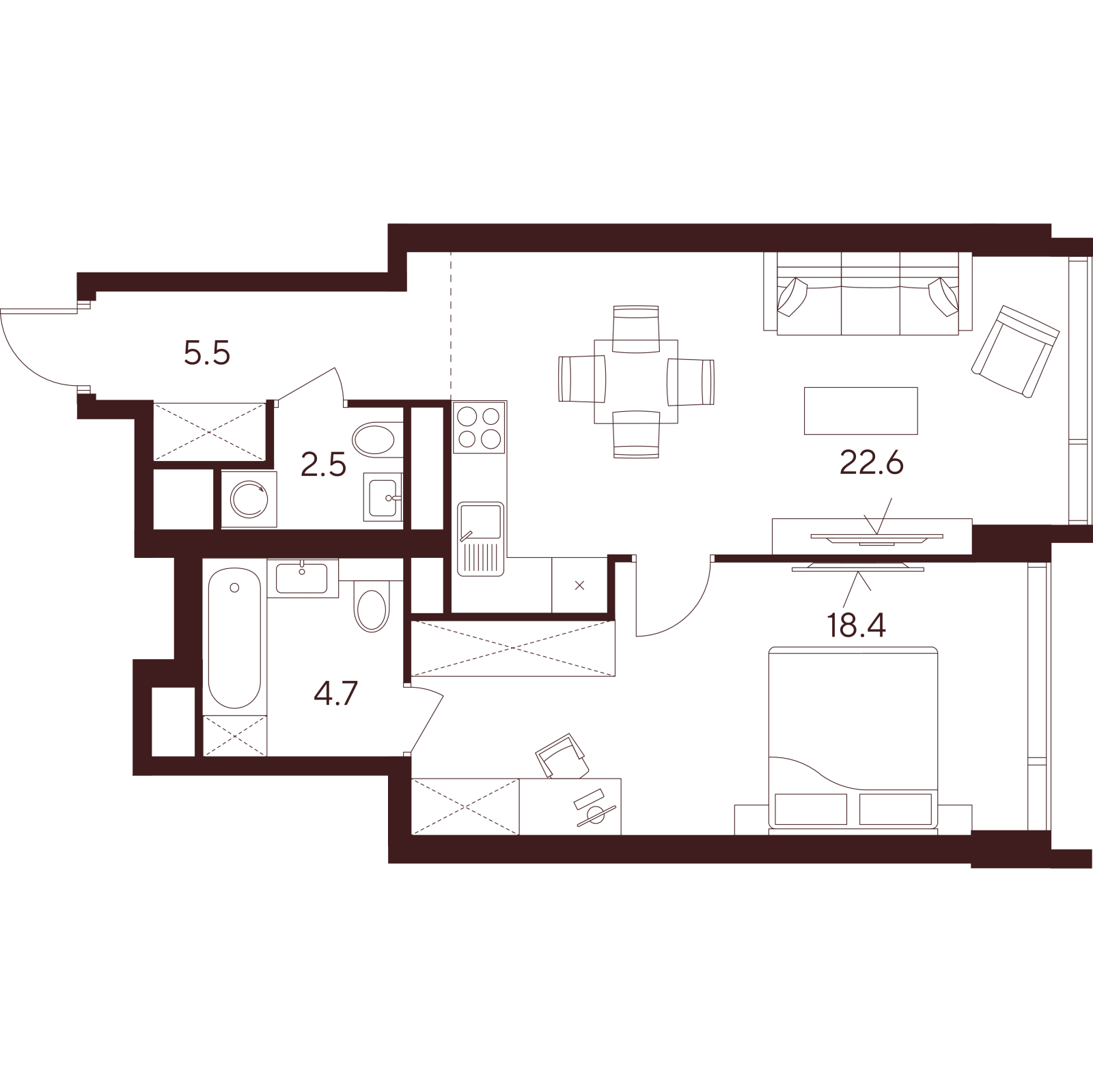 Планировка: 2-комнатная квартира, 53,7 м²