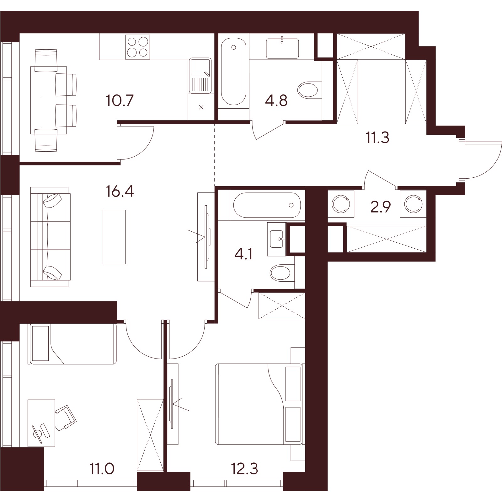 Планировка: 3-комнатная квартира, 73,5 м²