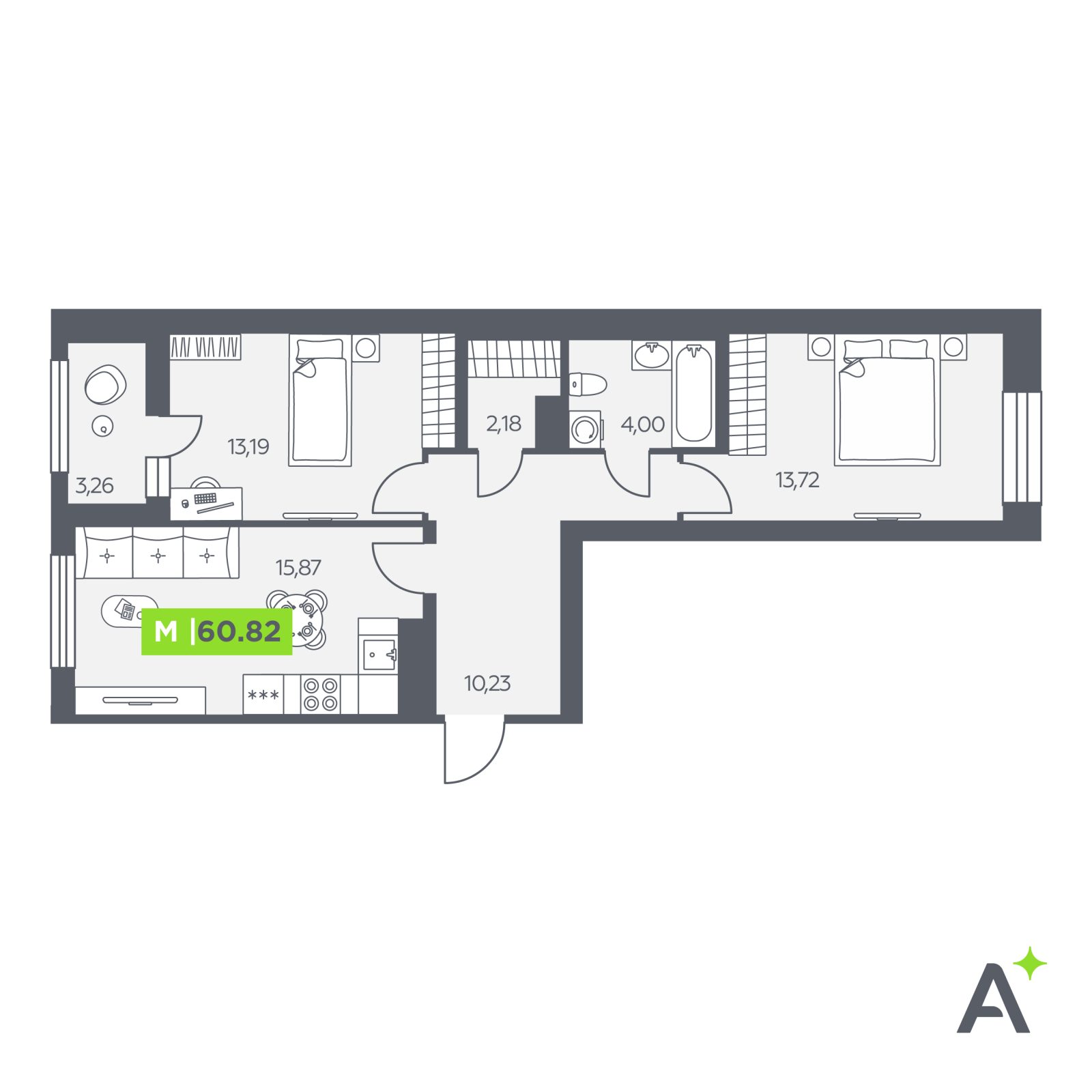 Планировка: 3-комнатная квартира, 60,8 м²