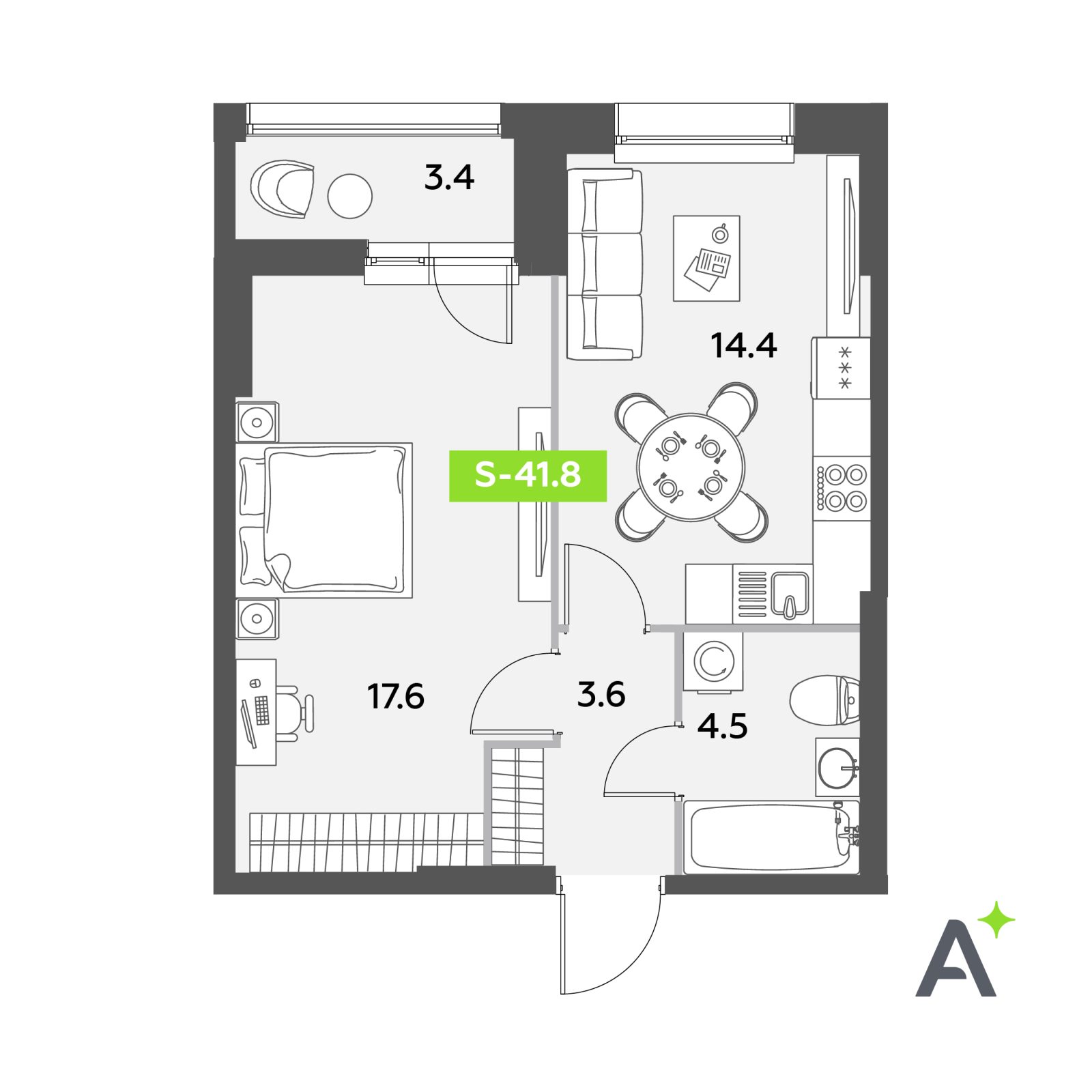 Планировка: 2-комнатная квартира, 41,8 м²