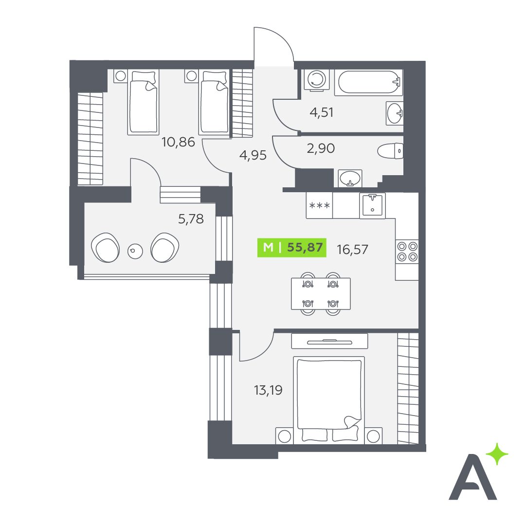 Планировка: 3-комнатная квартира, 55,9 м²