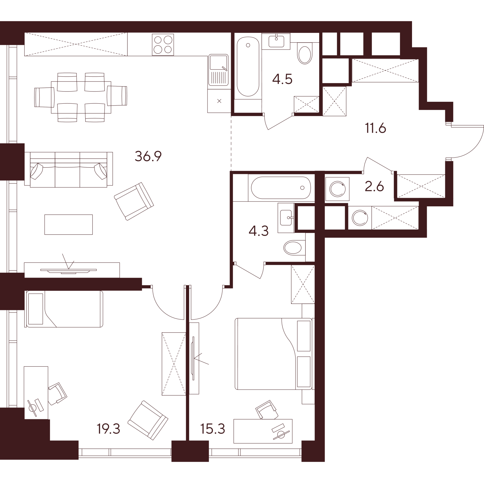Планировка: 3-комнатная квартира, 94,5 м²