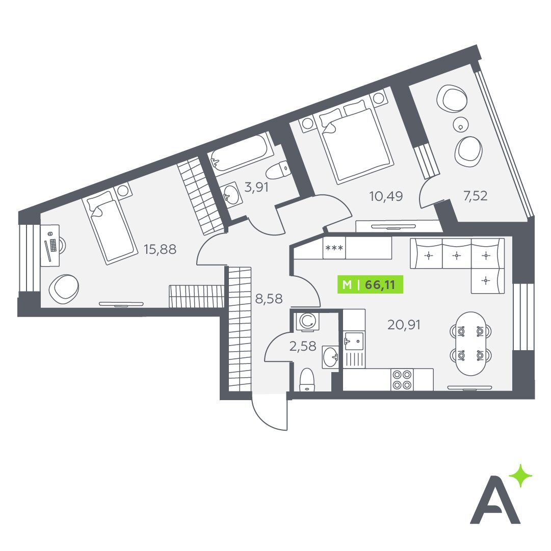 Планировка: 3-комнатная квартира, 66,1 м²