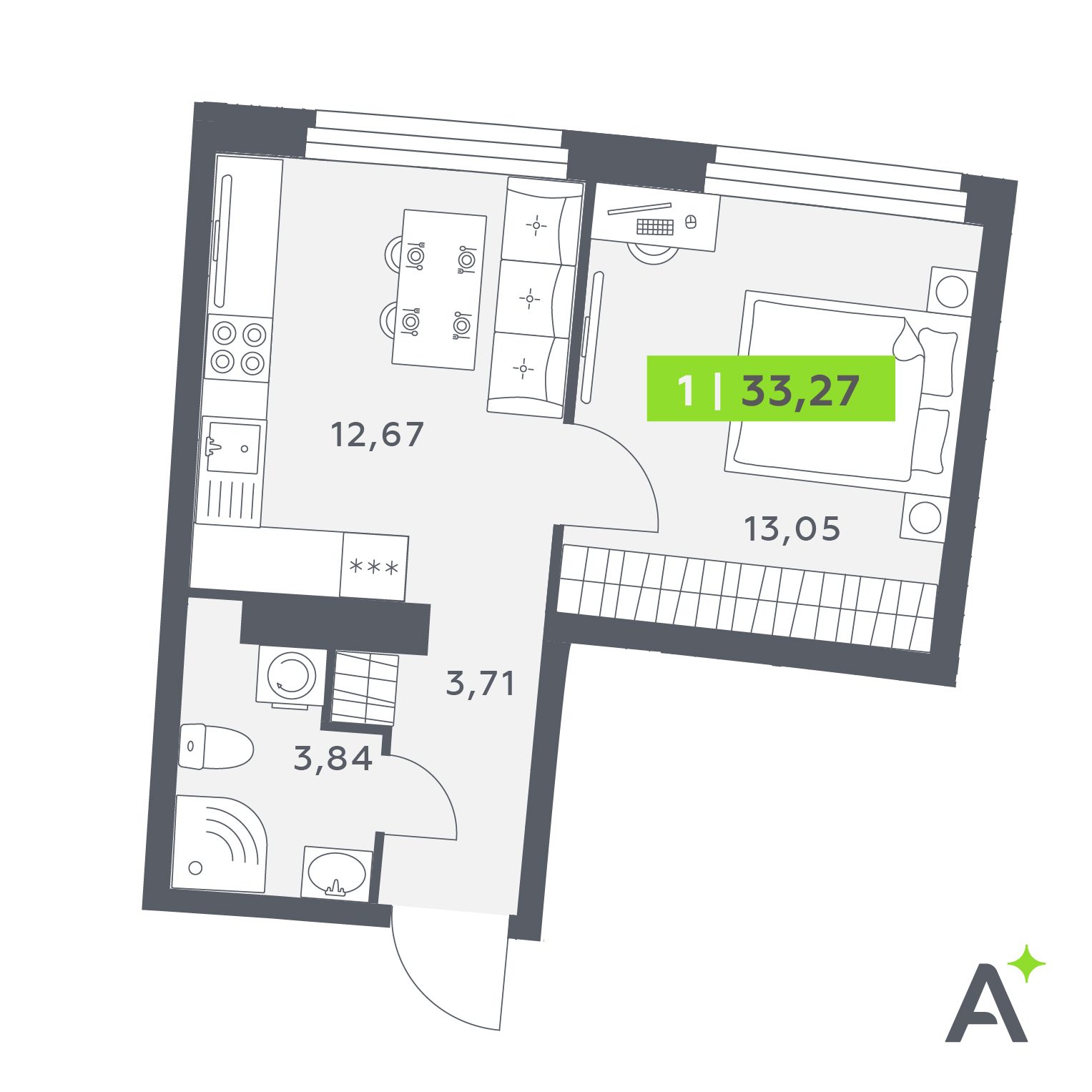 Планировка: 1-комнатная квартира, 33,3 м²
