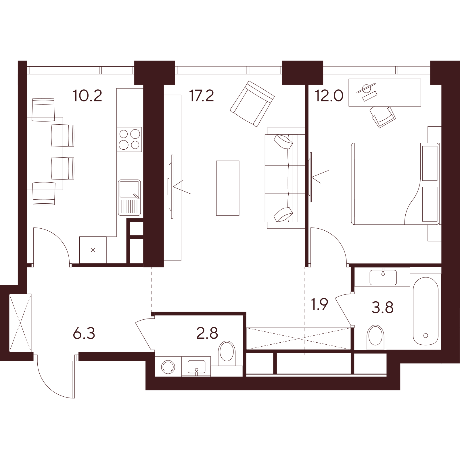 Планировка: 2-комнатная квартира, 54,2 м²