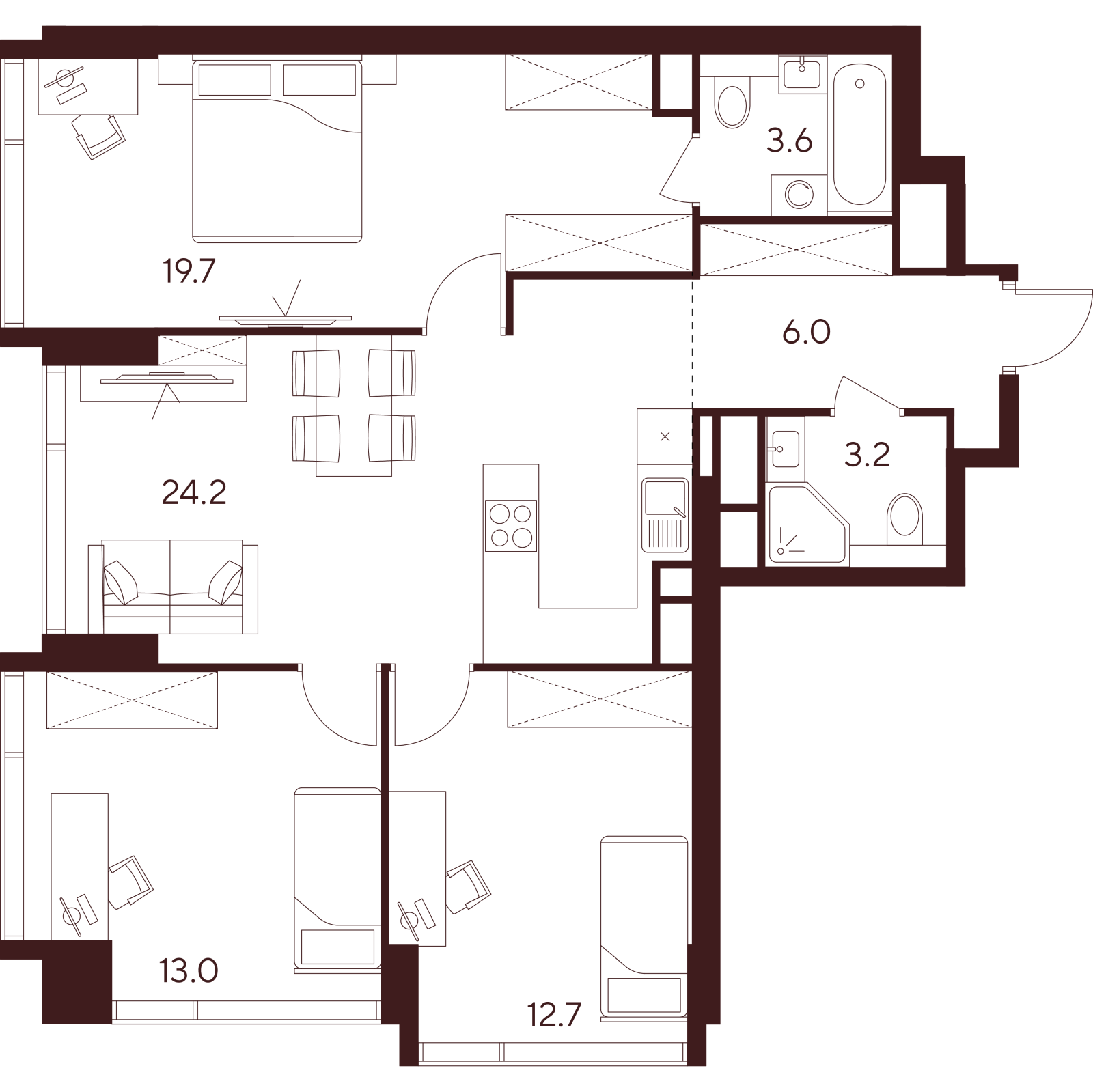Планировка: 4-комнатная квартира, 82,4 м²