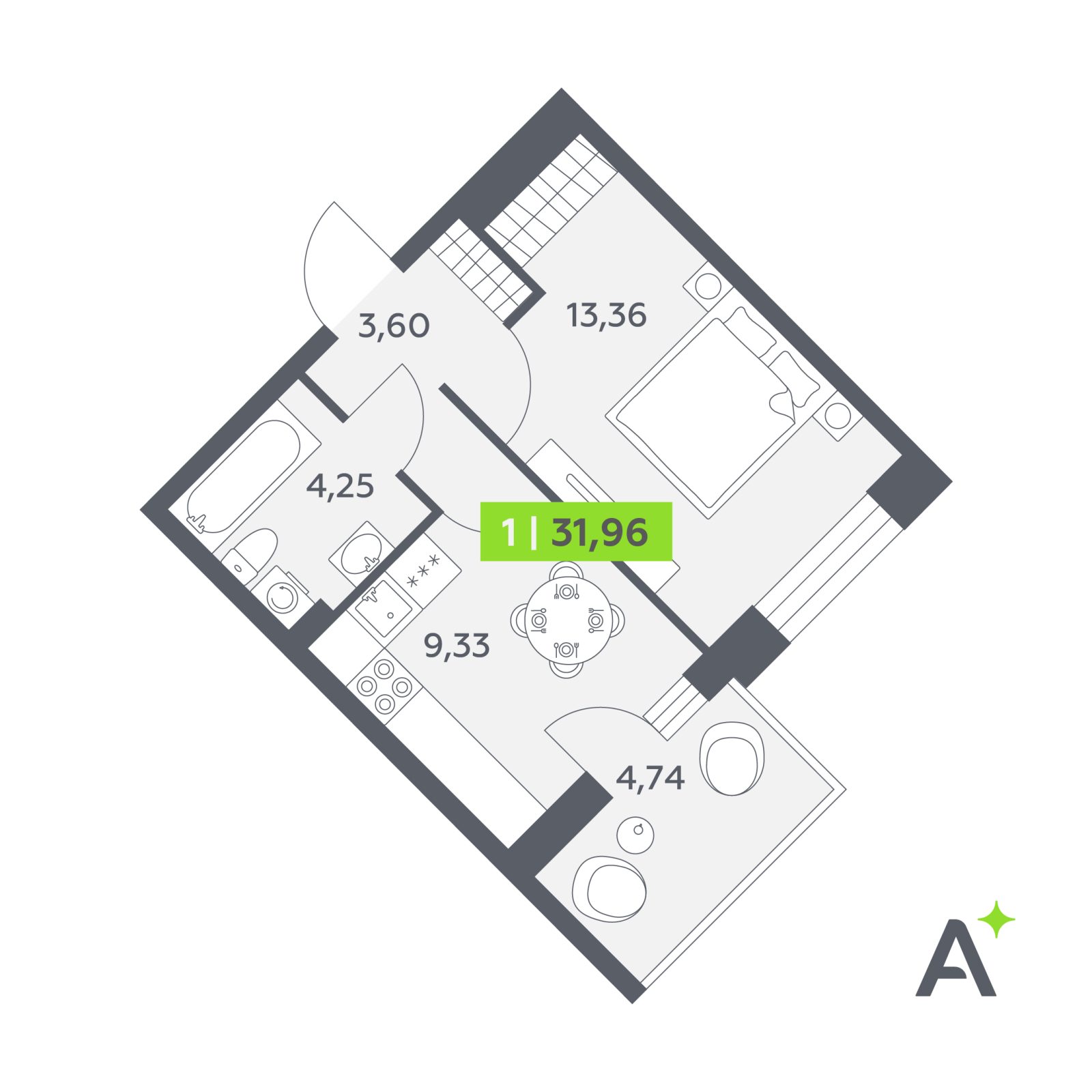 Планировка: 1-комнатная квартира, 32,0 м²