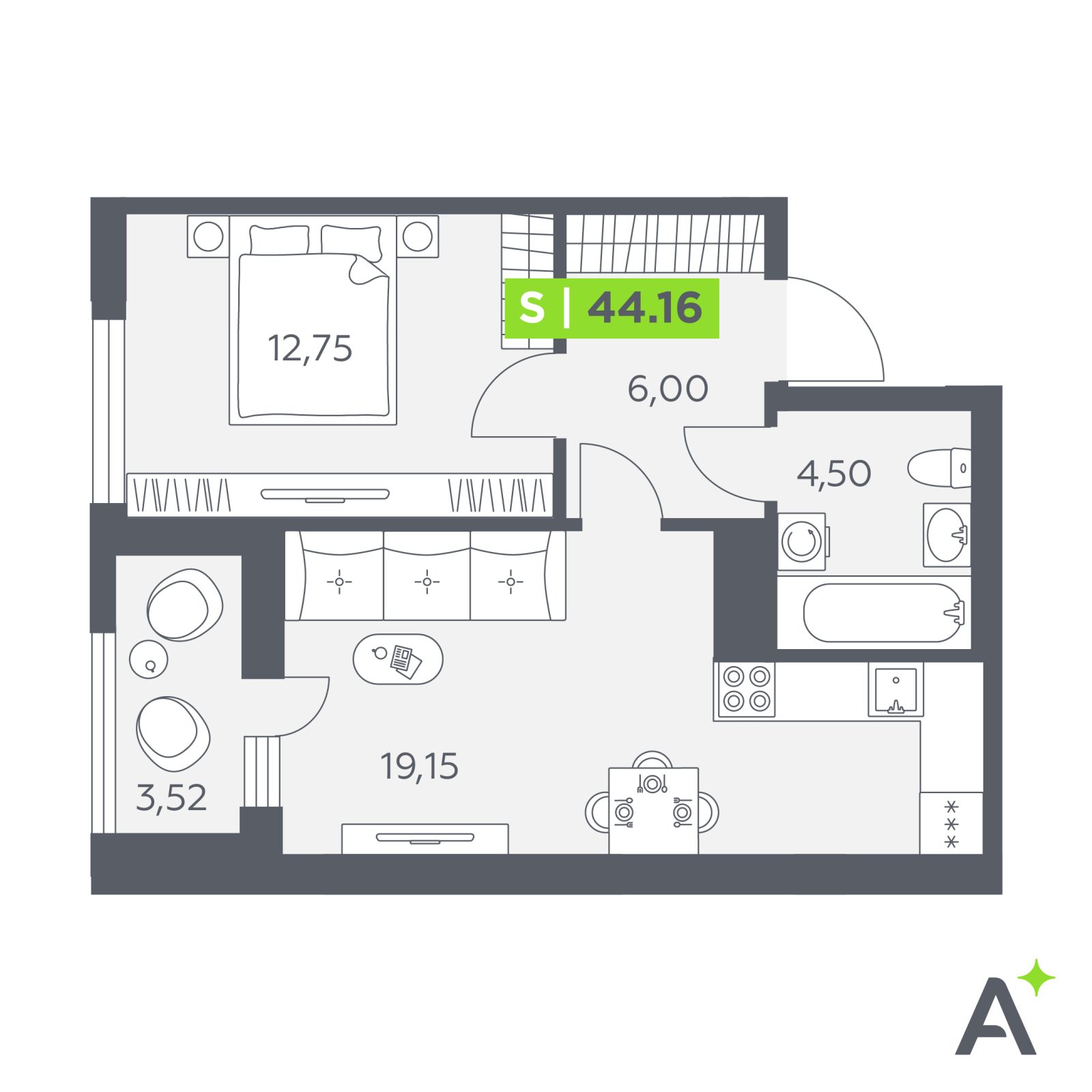 Планировка: 2-комнатная квартира, 44,2 м²