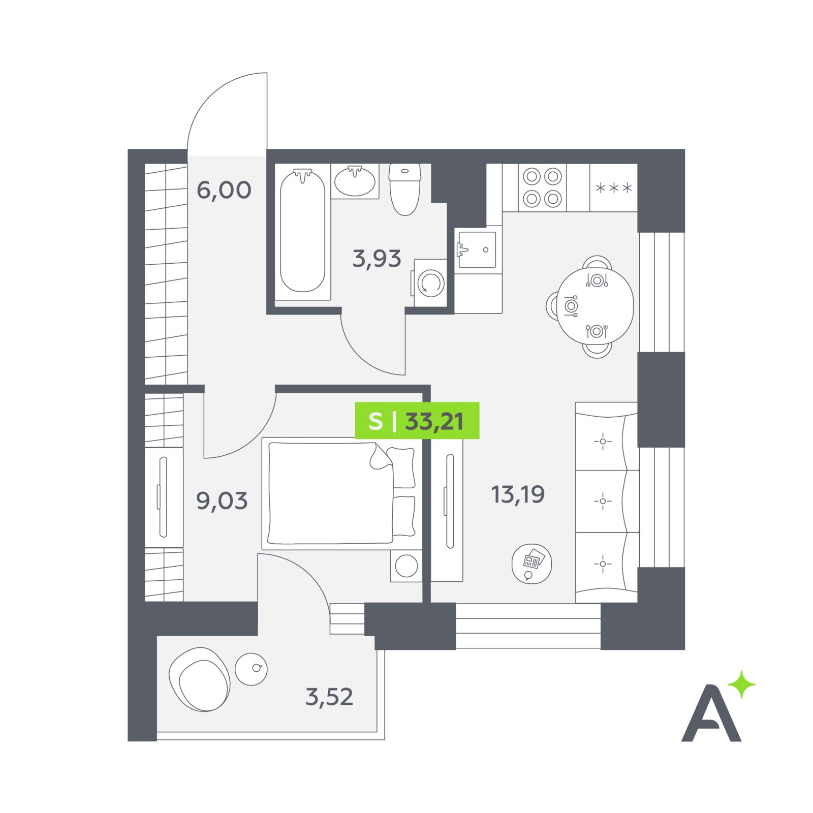 Планировка: 2-комнатная квартира, 33,2 м²
