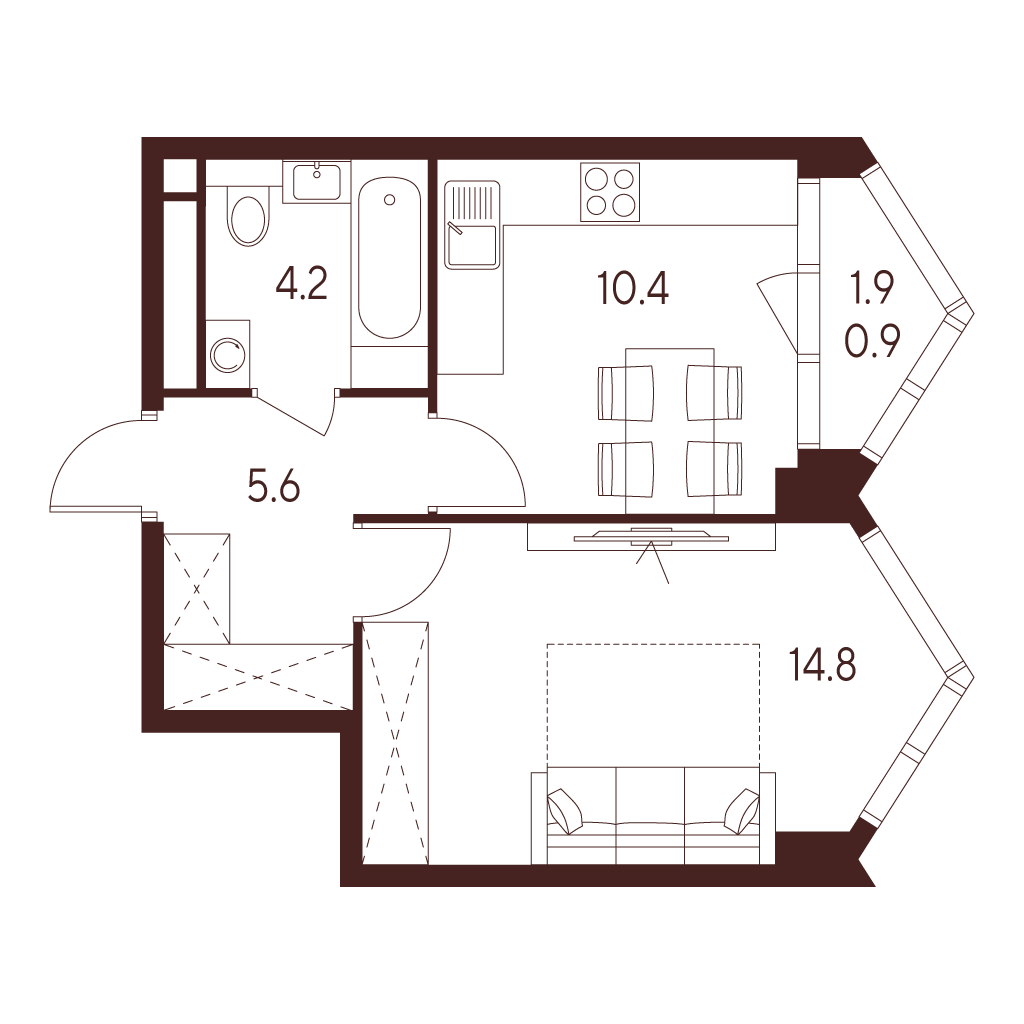 Планировка: 1-комнатная квартира, 35,9 м²