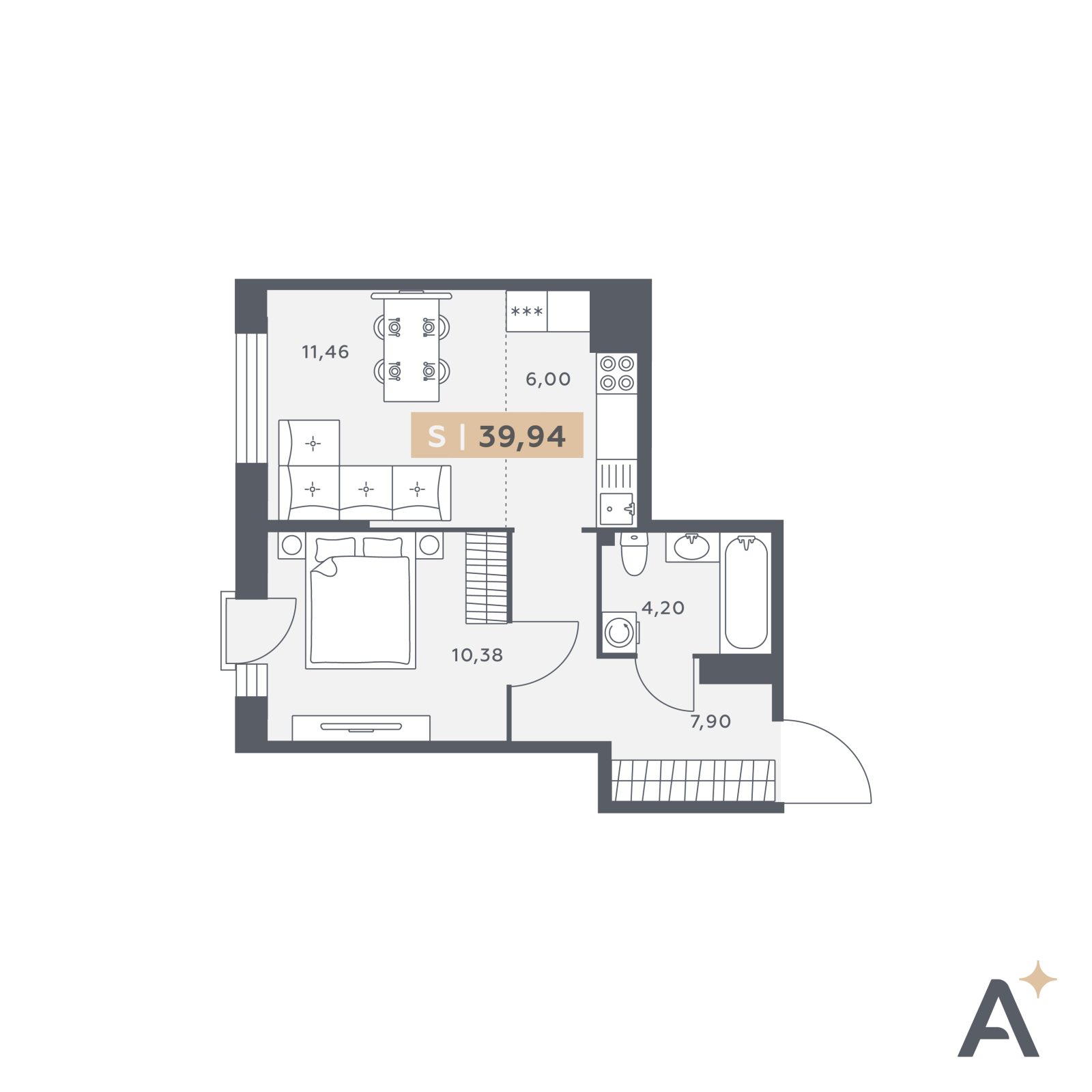 Планировка: 2-комнатная квартира, 39,9 м²
