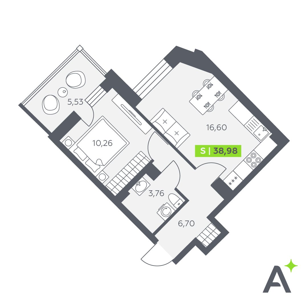 Планировка: 2-комнатная квартира, 39,0 м²