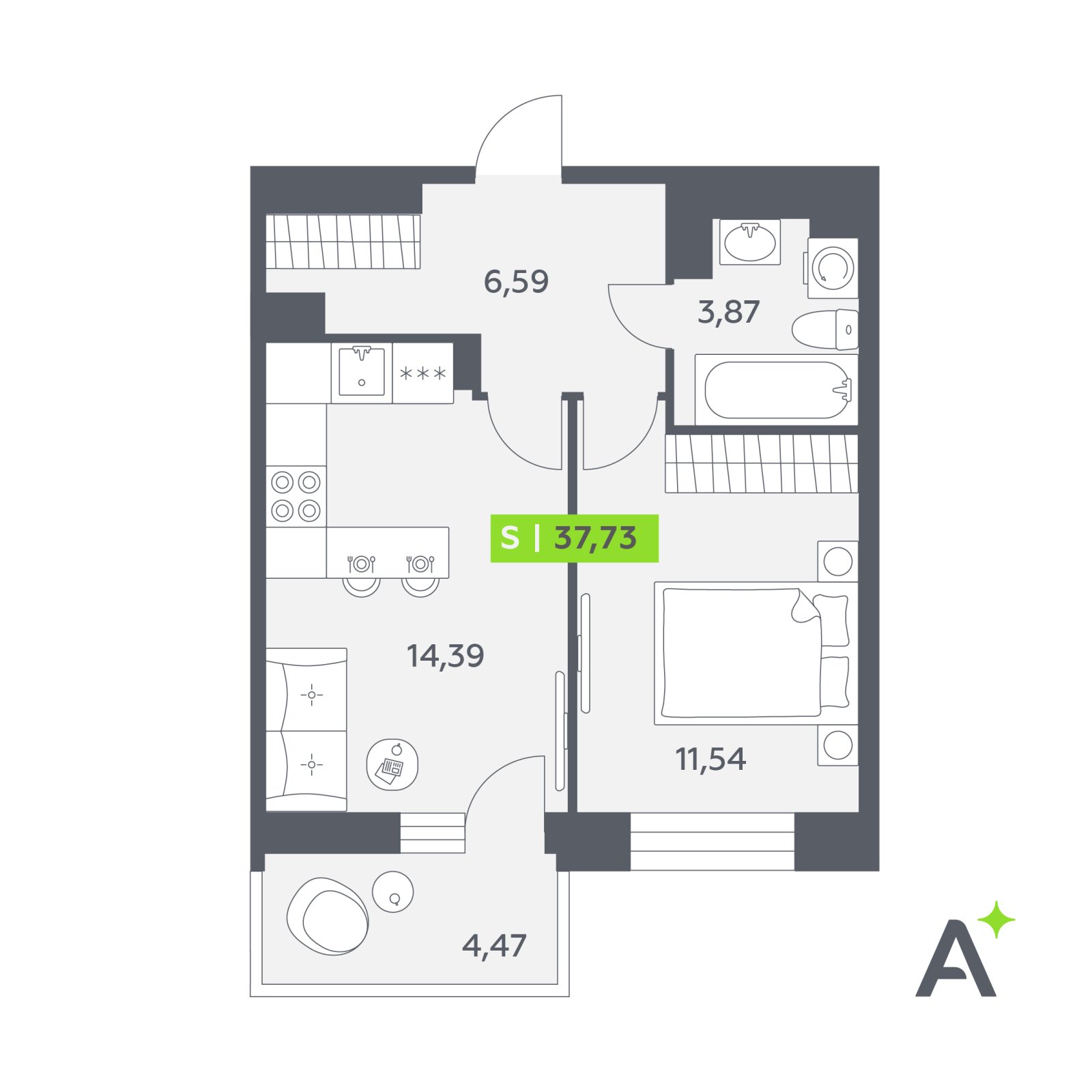 Планировка: 2-комнатная квартира, 37,7 м²