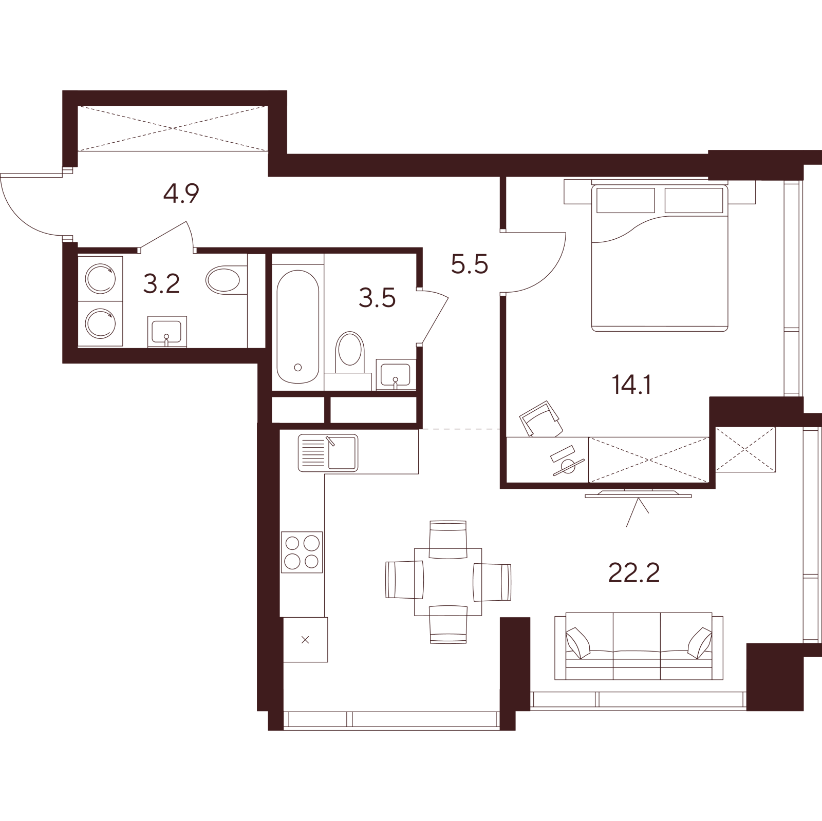 Планировка: 2-комнатная квартира, 53,4 м²