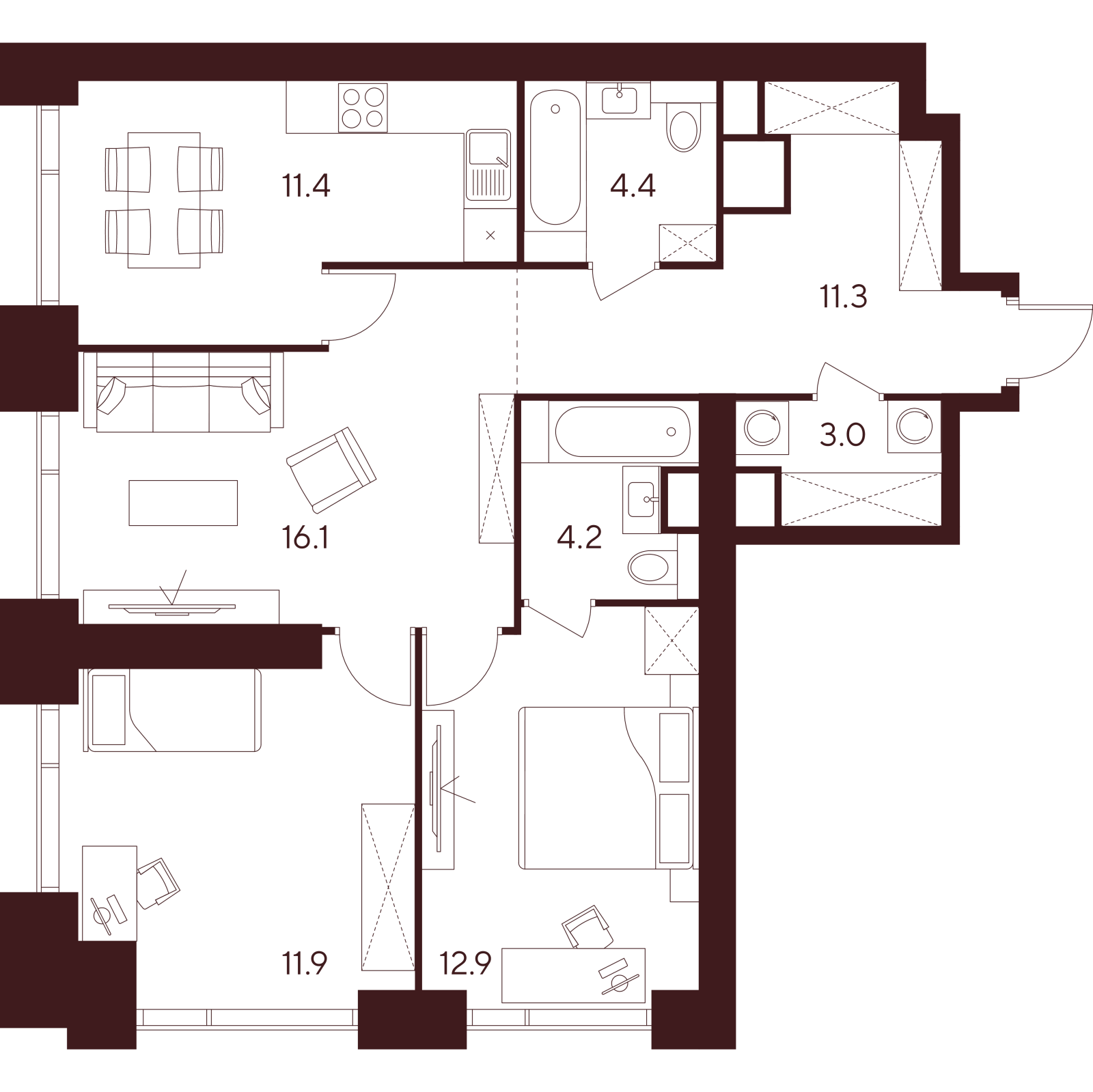 Планировка: 3-комнатная квартира, 75,2 м²