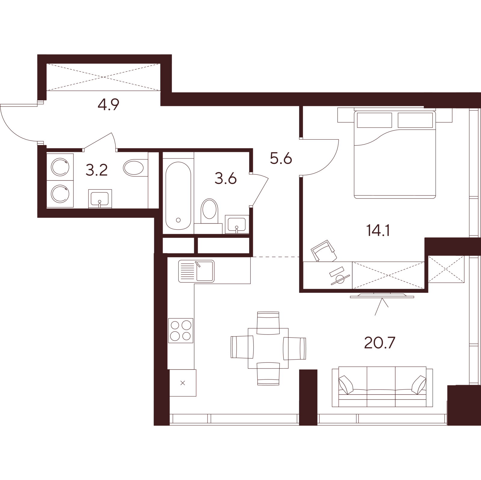 Планировка: 2-комнатная квартира, 52,1 м²