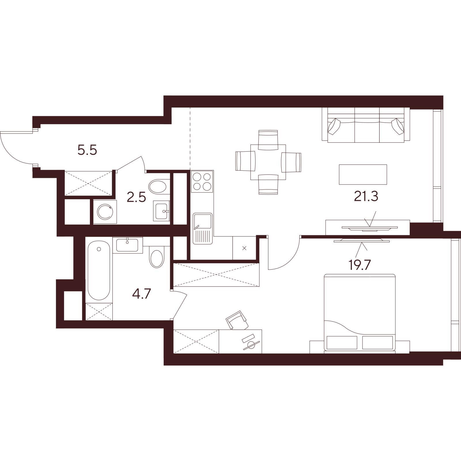 Планировка: 2-комнатная квартира, 53,7 м²