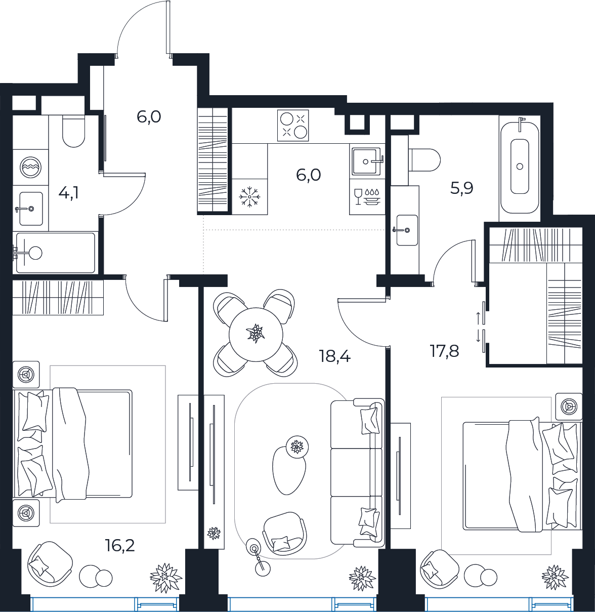 Планировка: 2-комнатная квартира, 74,4 м²