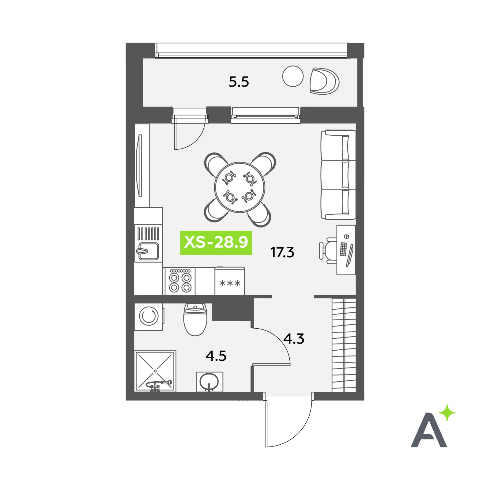 Планировка: студия, 28,9 м²