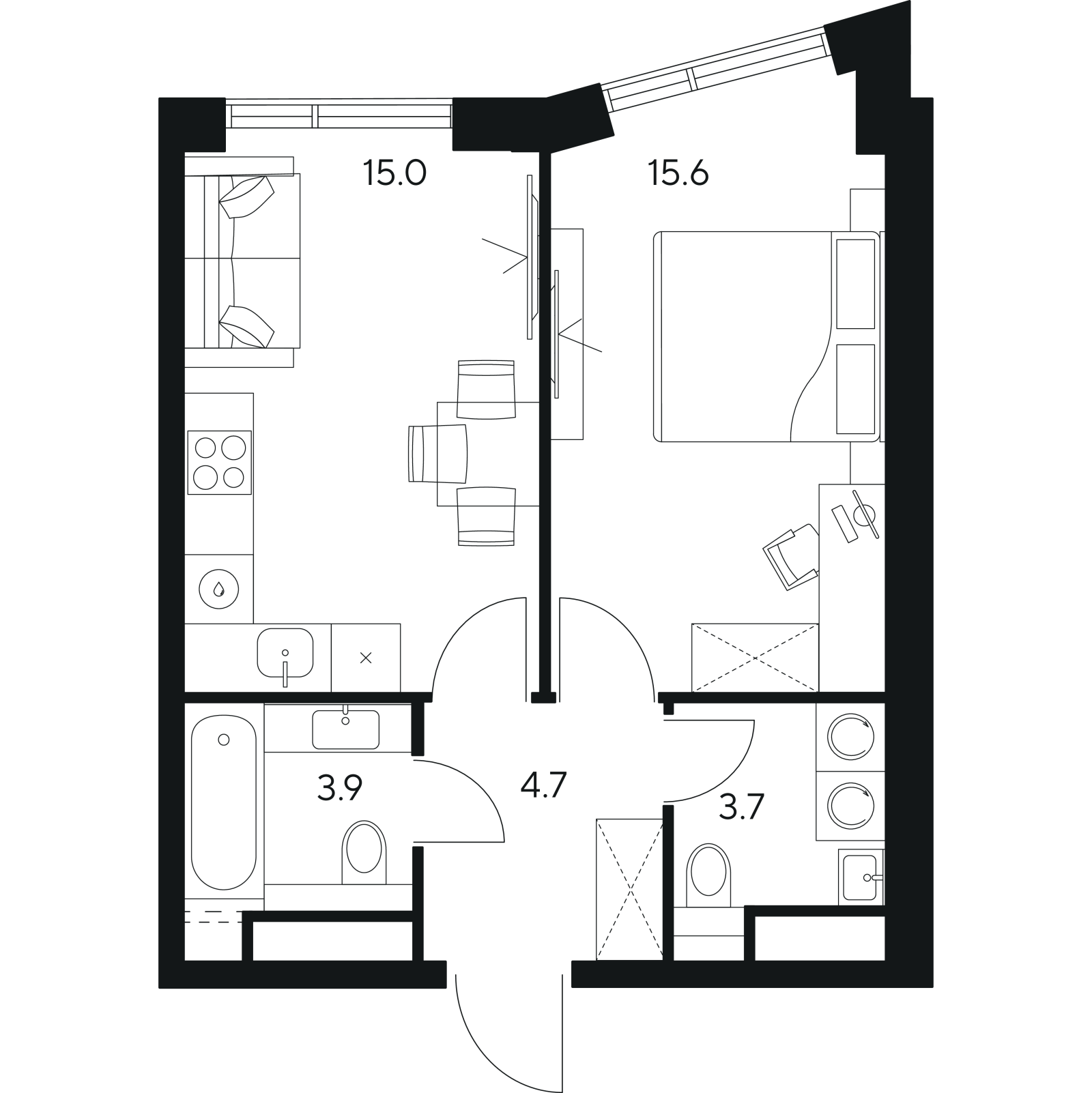 Планировка: 1-комнатная квартира, 42,9 м²