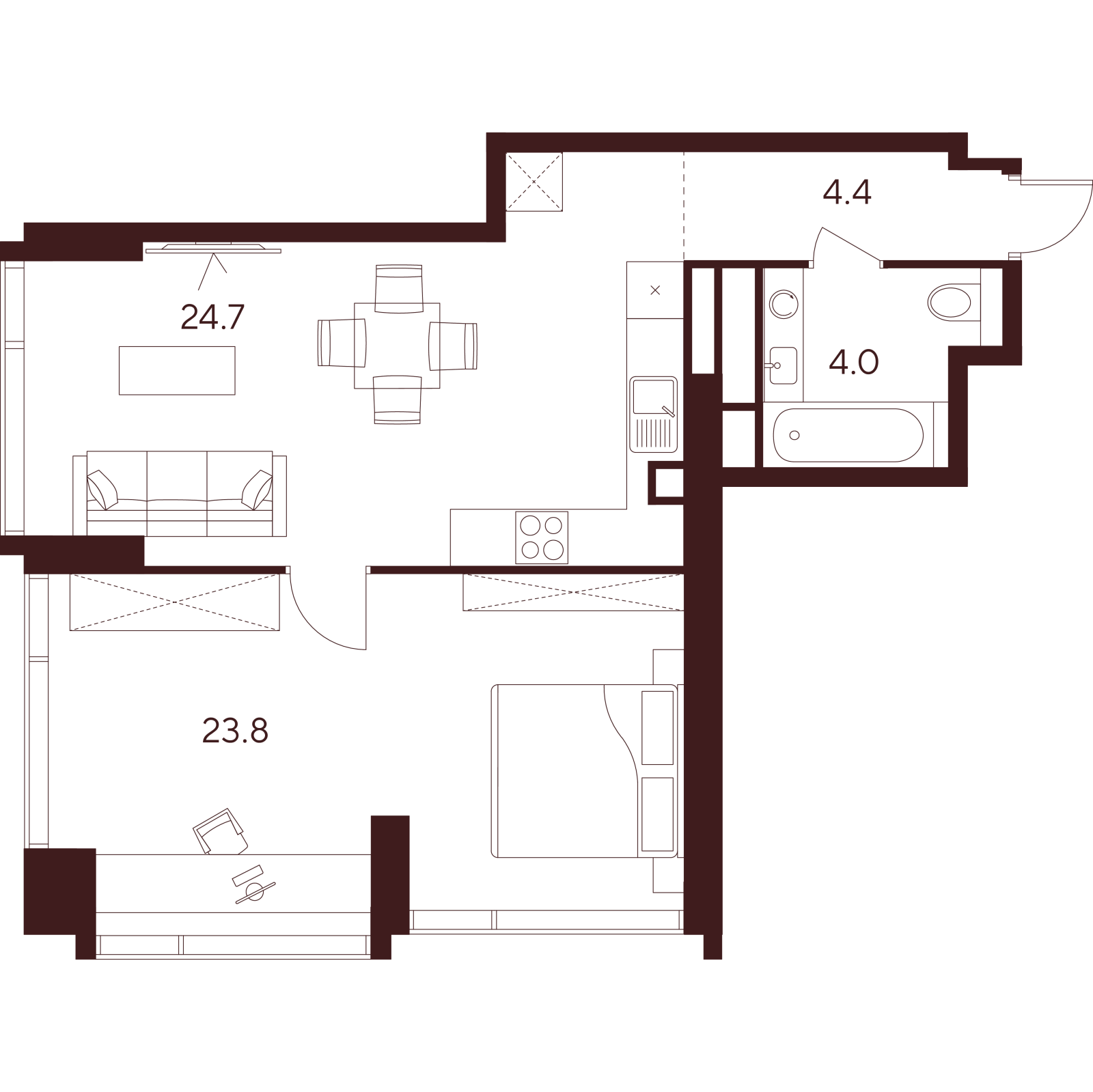 Планировка: 2-комнатная квартира, 56,9 м²